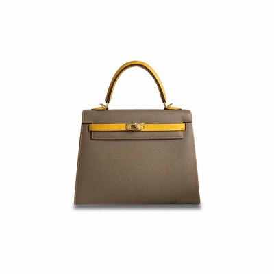 HERMÈS KELLY 25 EPSOM ASPHALT GRAY AND AMBER YELLOW GOLD BUCKLE (25*17*7cm) 